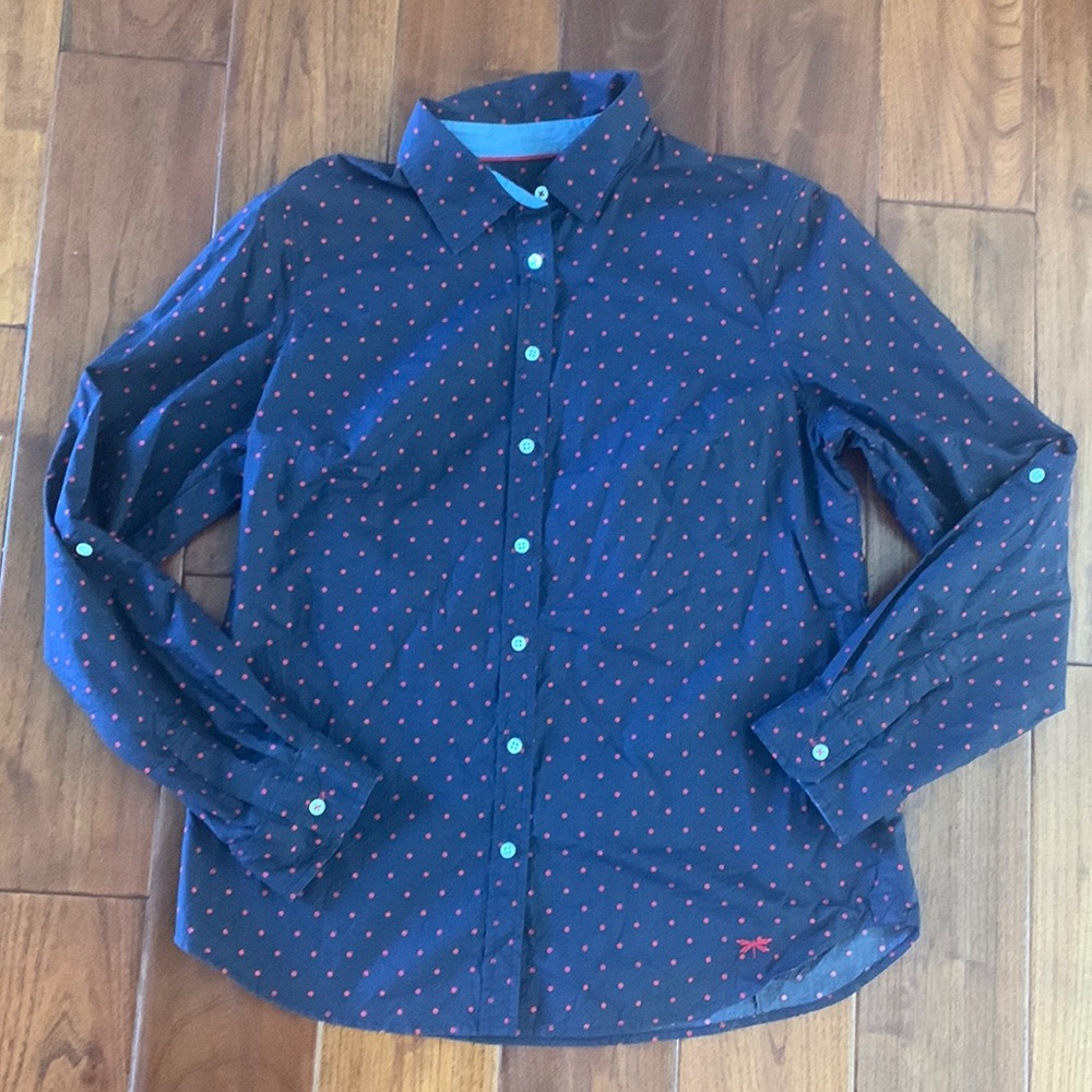 Talbots Button Down shirt Size 8 Classic Cotton Navy & Red Polkadot Tab Sleeve
